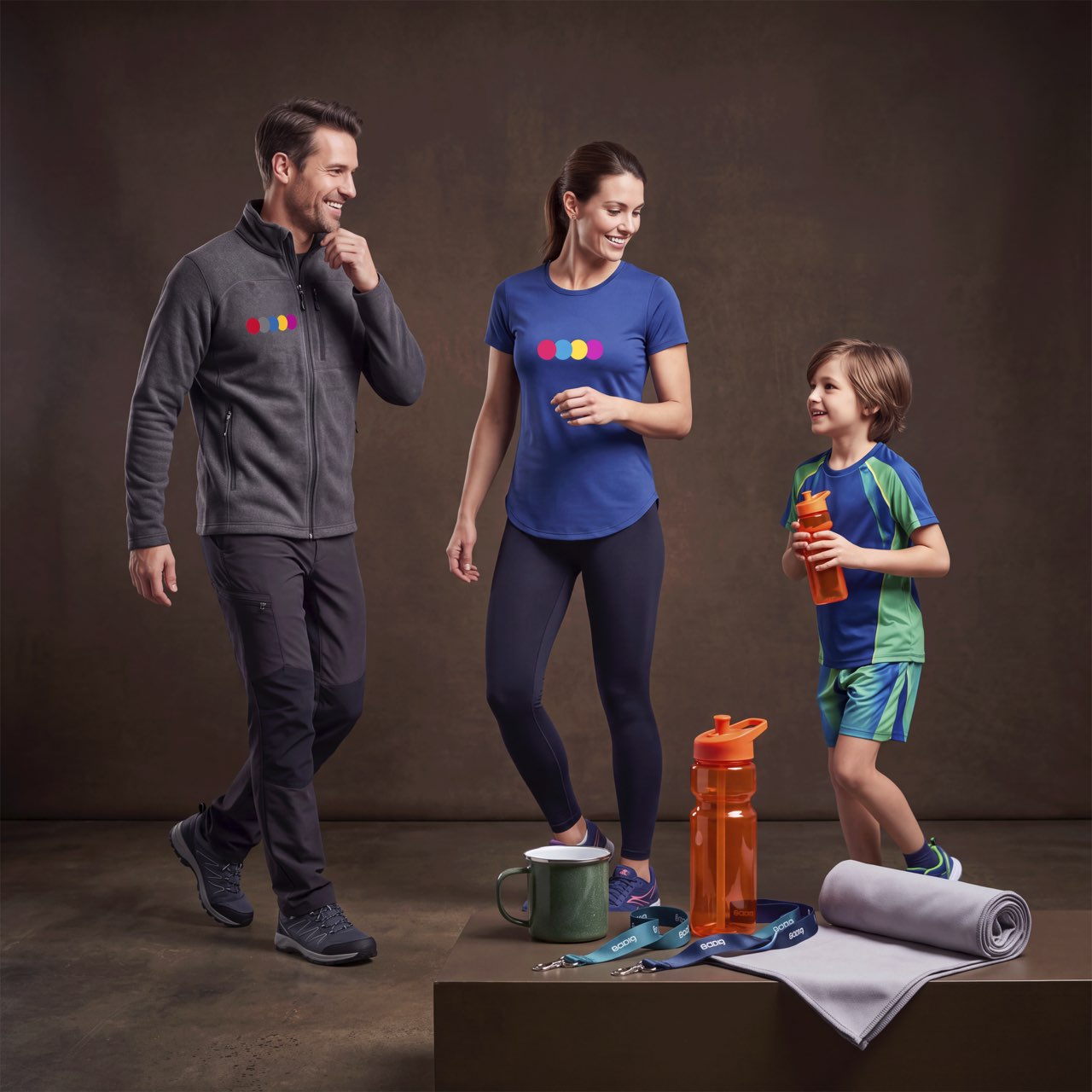 Ein Mann in grauer Fleecejacke, eine Frau in blauem T-Shirt und ein Junge im Sporttrikot, alle mit aufgedrucktem Logo. Vor ihnen stehen Trinkflaschen, eine Tasse, Schlüsselbänder und ein Handtuch.